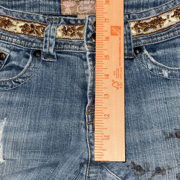 Vintage Candie's Cut-Off Shorts Womens 5 Blue Denim Embroidered Waist Y2K Boho - Picture 7 of 9